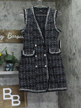 Trixxi Black Fringe Trim Boucle Sleeveless Faux Pocket Tweed Dress S Sz S
